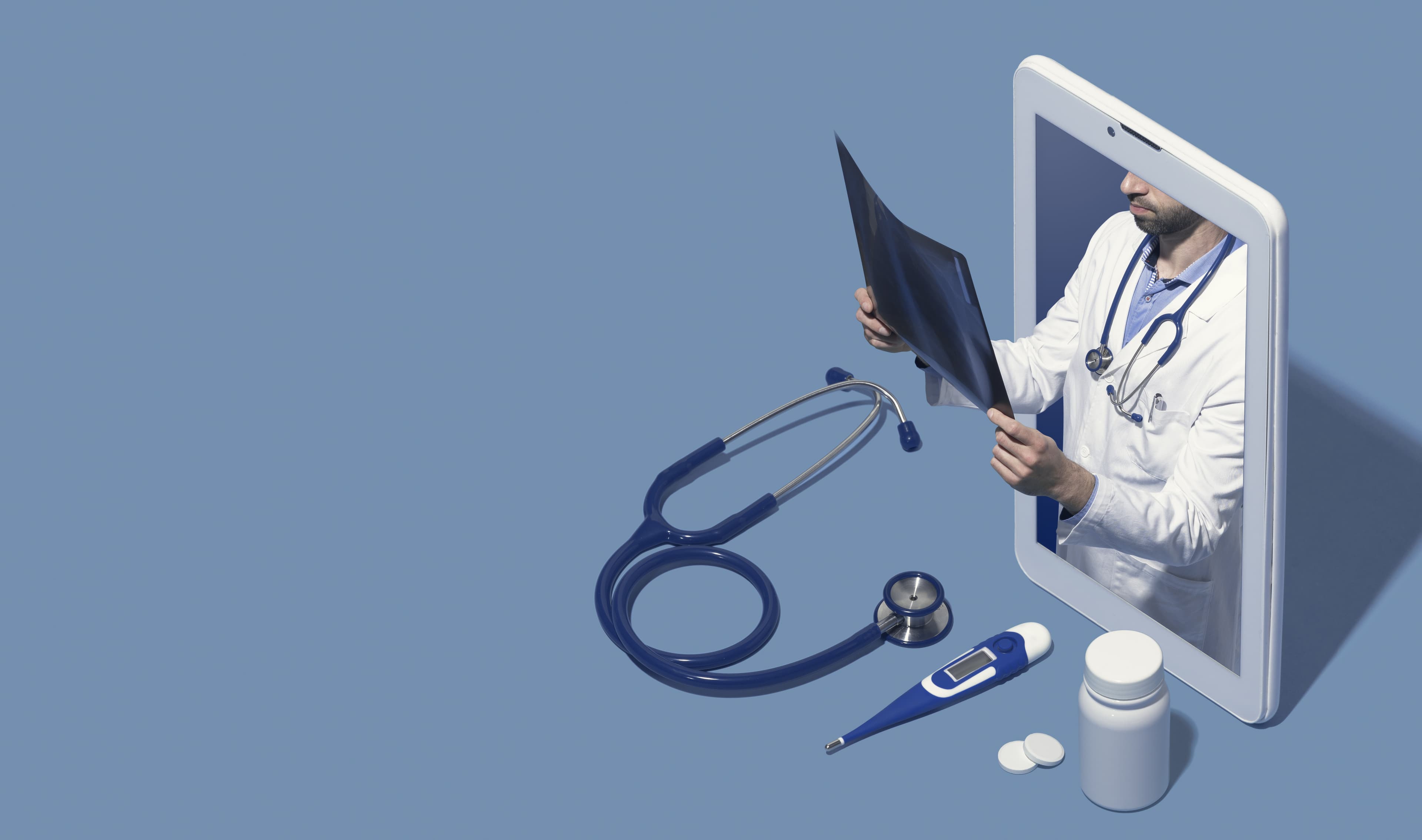 Doctor giving a administering telemedicine from a smartphone