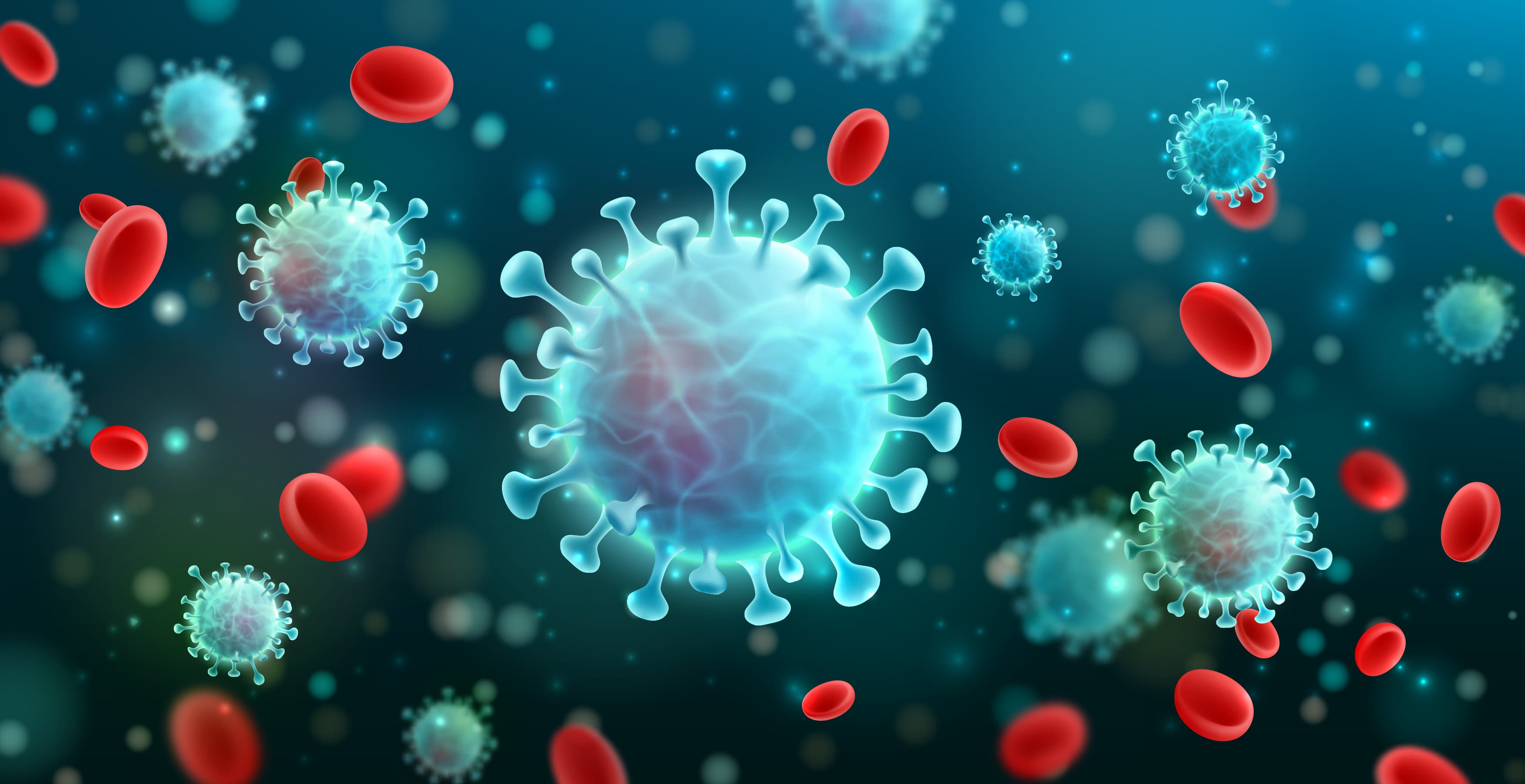 Coronavirus with disease cells and red blood cells